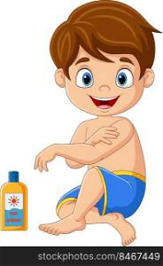 Cartoon little boy applying sunscreen lotion on his arm