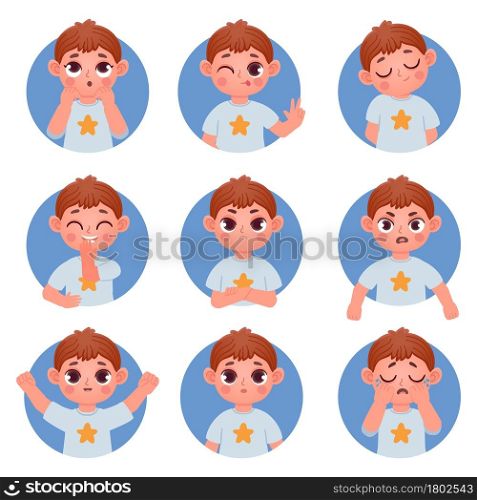Cartoon little boy avatar face emotions and feelings. Child emoji confused, angry, laugh and cry. Boy character facial expression vector set. Illustration of emotion boy avatar, young expressions. Cartoon little boy avatar face emotions and feelings. Child emoji confused, angry, laugh and cry. Boy character facial expression vector set
