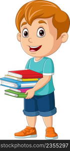 Cartoon little boy carrying a piles of book
