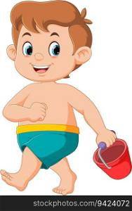 Cartoon little boy carrying red bucket of illustration