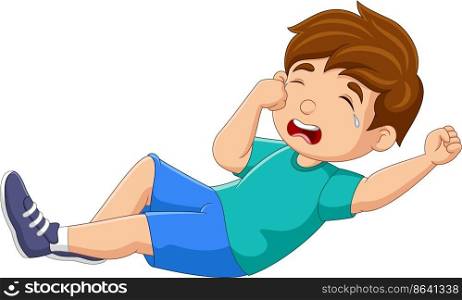 Cartoon little boy crying on white background