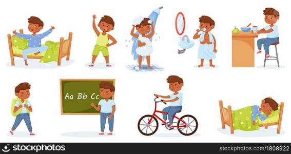 Cartoon little boy daily routine morning and evening activities. Happy child waking up, exercising, studying. Kids everyday lifestyle vector set. Male character riding bicycle, learning at school. Cartoon little boy daily routine morning and evening activities. Happy child waking up, exercising, studying. Kids everyday lifestyle vector set