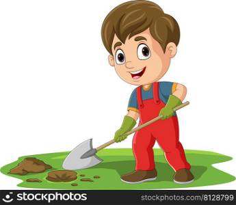 Cartoon little boy digging hole with shovel
