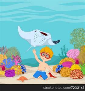 Cartoon little boy diving in underwater tropical sea