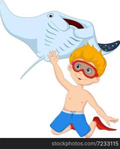 Cartoon little boy diving with stingray