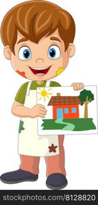 Cartoon little boy drawing house on paper