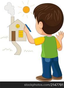 Cartoon little boy drawing house on the wall