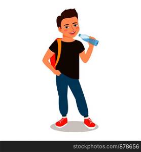 Cartoon little boy drinking clean water isolated on white background. Vector illustration. Cartoon little boy drinking clean water