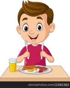 Cartoon little boy eating breakfast