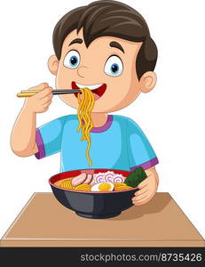 Cartoon little boy eating ramen noodle