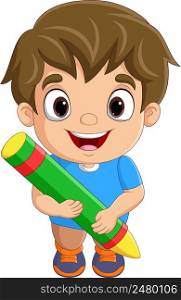 Cartoon little boy holding a big crayon