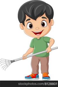 Cartoon little boy holding a rake