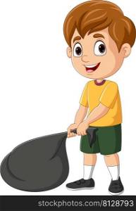 Cartoon little boy holding black plastic bag