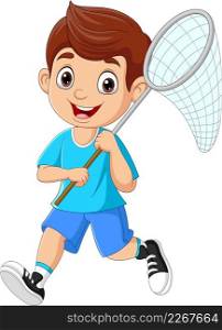 Cartoon little boy holding insect net