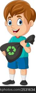 Cartoon little boy holding plastic garbage
