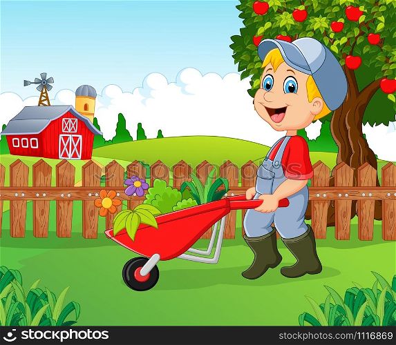 Cartoon little boy holding wheelbarrow