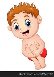 Cartoon little boy in a swimsuit jumping