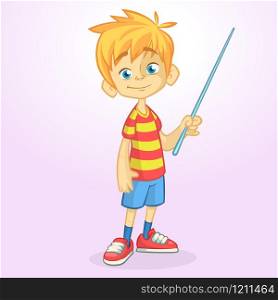 Cartoon little boy in shorts and striped t-shirt. Vector illustration of a funny make presentation with pointer. Cartoon cute boy presenting