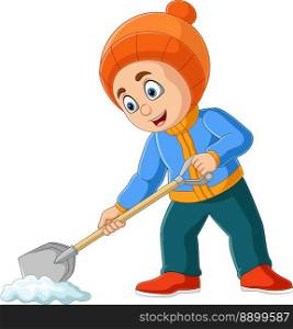 Cartoon little boy in winter clothes shoveling snow