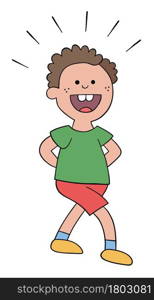 Cartoon little boy is happy and walking, vector illustration. Colored and black outlines.