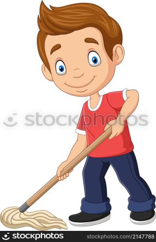 Cartoon little boy mopping the floor