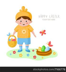 Cartoon little boy on Easter Day, happy kid in holiday chicken costume, flowers, butterfly and bird nest on green spring medow, cute cartoon character, greeting card, poster, print - vector. cartoon easter day set
