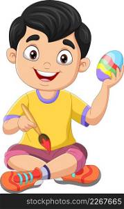 Cartoon little boy painting an easter egg