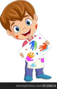 Cartoon little boy painting with colorful handprints