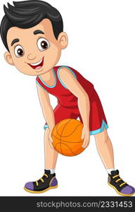 Cartoon little boy playing basketball