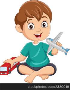 Cartoon little boy playing bus and airplane toys