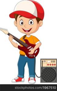 Cartoon little boy playing electric guitar