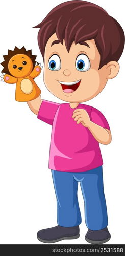 Cartoon little boy playing lion puppet