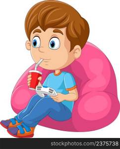 Cartoon little boy playing video game while soda drink