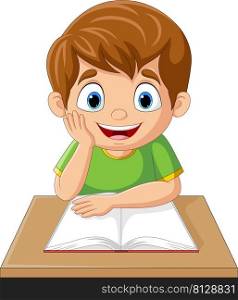 Cartoon little boy studying on the desk
