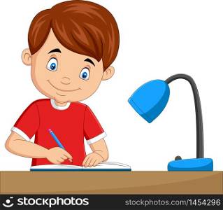 Cartoon little boy studying on the table