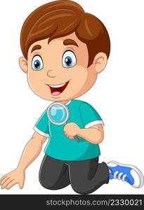 Cartoon little boy using a magnifying glass