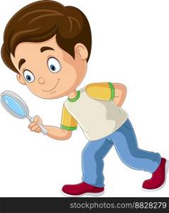 Cartoon little boy using a magnifying glass