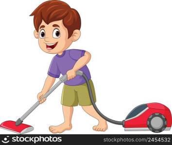 Cartoon little boy using a vacuum cleaner