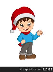 Cartoon little boy wear santa hat waving hand
