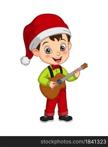 Cartoon little boy wearing christmas costume playing guitar