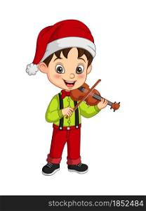 Cartoon little boy wearing christmas costume playing violin