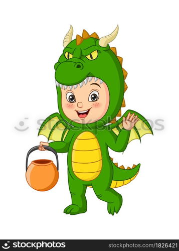 Cartoon little boy wearing dragon costume