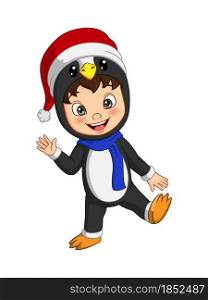 Cartoon little boy wearing penguin costume