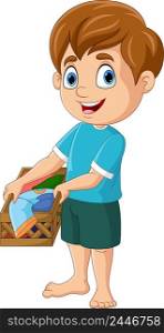 Cartoon little boy with a basket of clothes