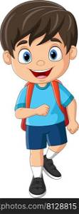 Cartoon little boy with backpack go to school