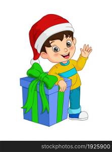 Cartoon little boy with huge gift box
