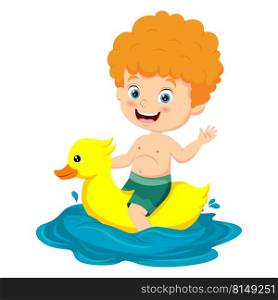 Cartoon little boy with inflatable rubber duck