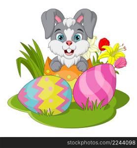 Cartoon little bunny inside a cracked easter egg