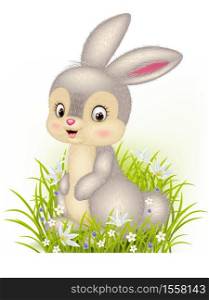 Cartoon little bunny sitting on grass background