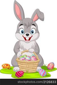 Cartoon little bunny with Easter eggs basket